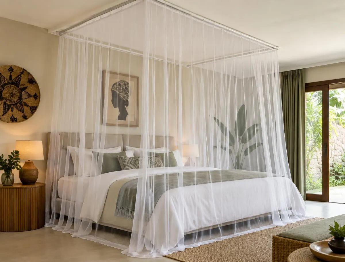 Bright bedroom with an installed customized sliding shears mosquito net