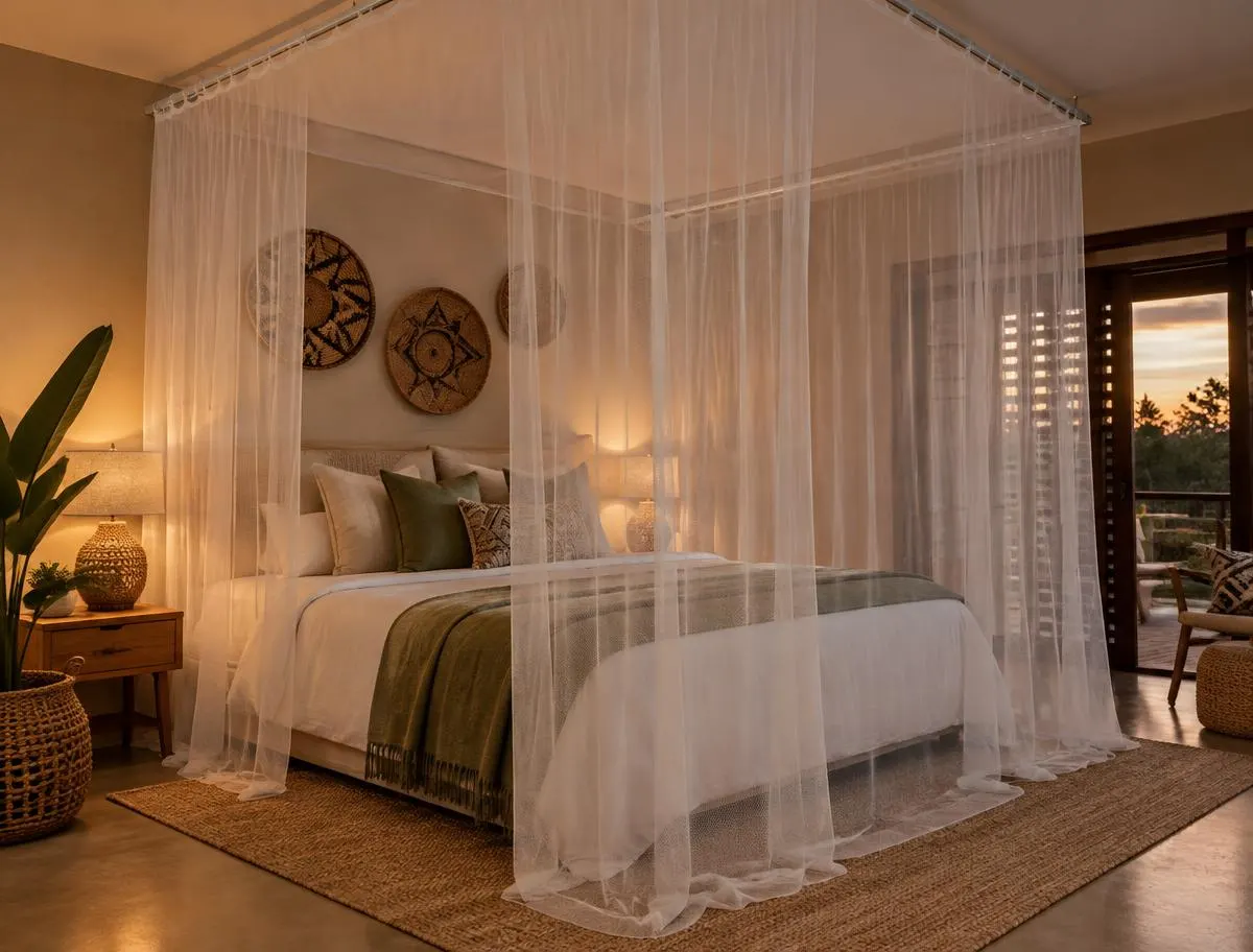 Warm bedroom with a customized sliding shears mosquito net